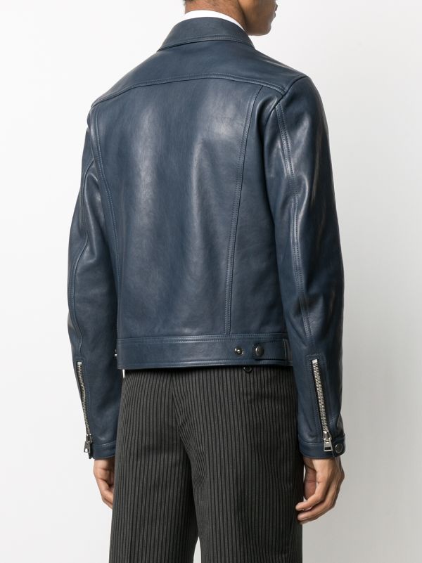 Blue zip-pocket leather jacket