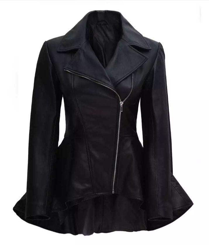 Women Asymmetrical Black Leather Long Jacket