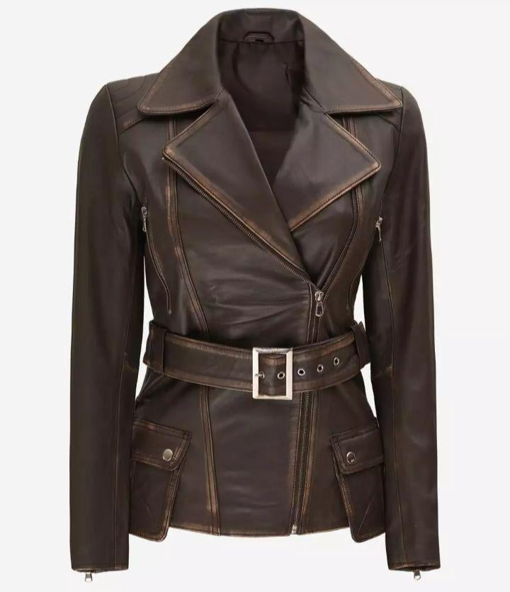 Women Brown Loaded Biker leather Long Jacket
