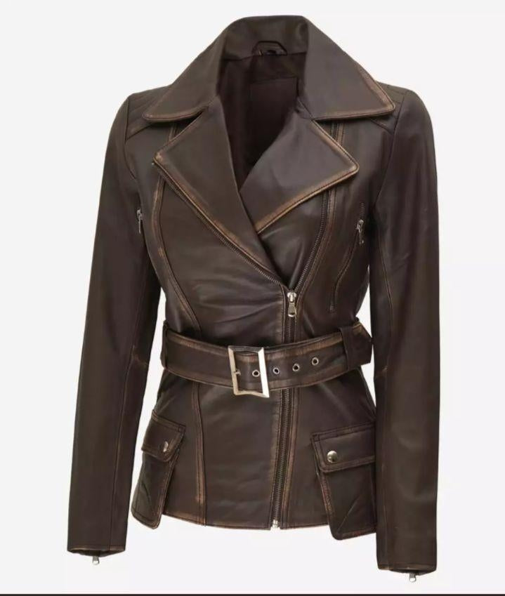 Women Brown Loaded Biker leather Long Jacket