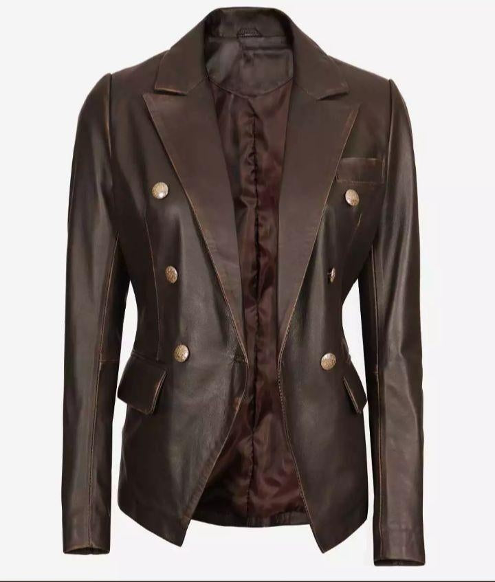 Women Brown Leather Double Breasted Coat