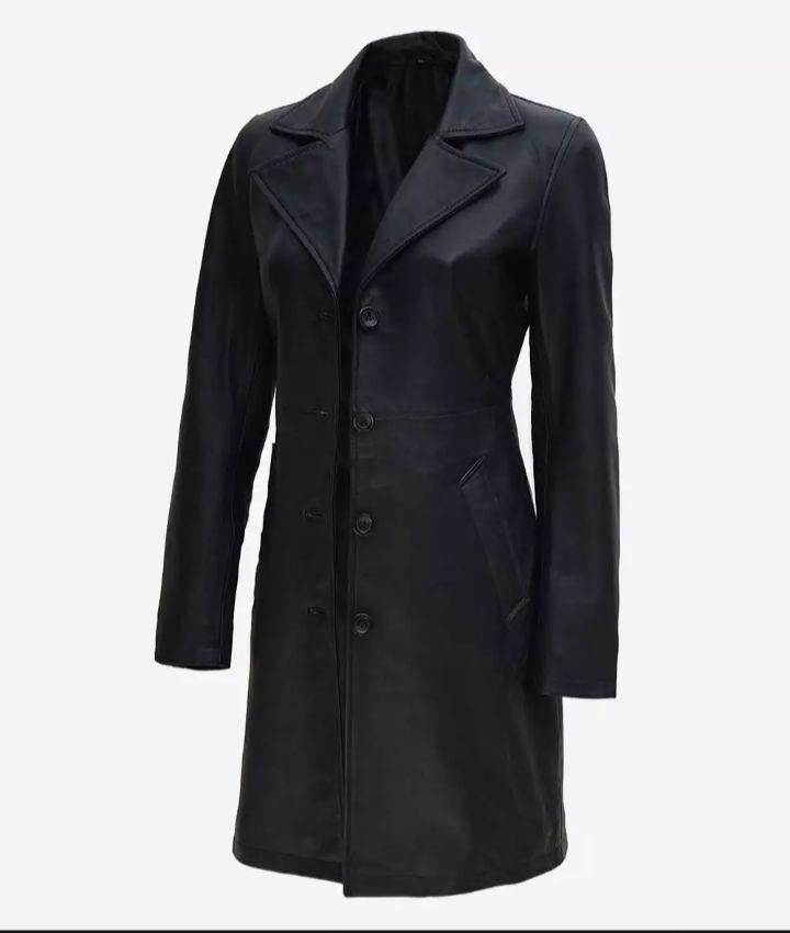 Women's Black Leather Overcoat