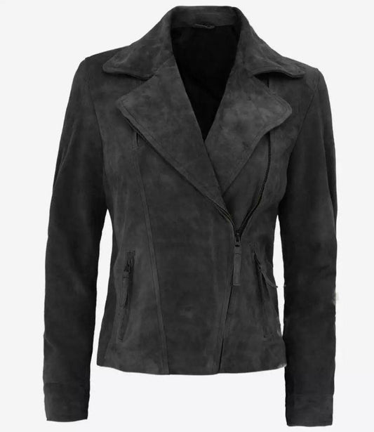 Women's Grey Suede Leather Moto Jacket