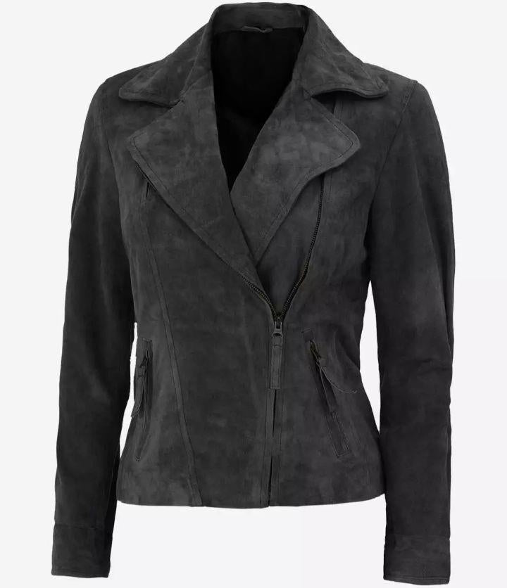 Women's Grey Suede Leather Moto Jacket