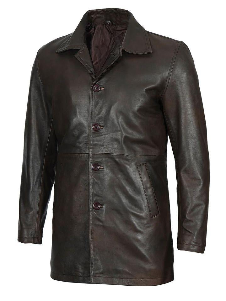 Men's Brown Leather Overcoat