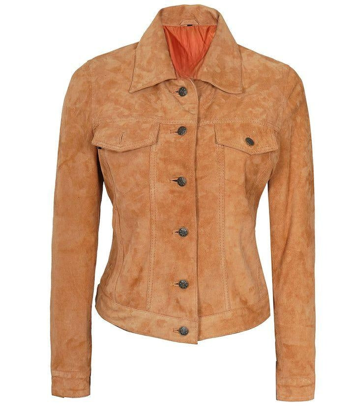Womens Light Brown Suede Leather Trucker Jacket