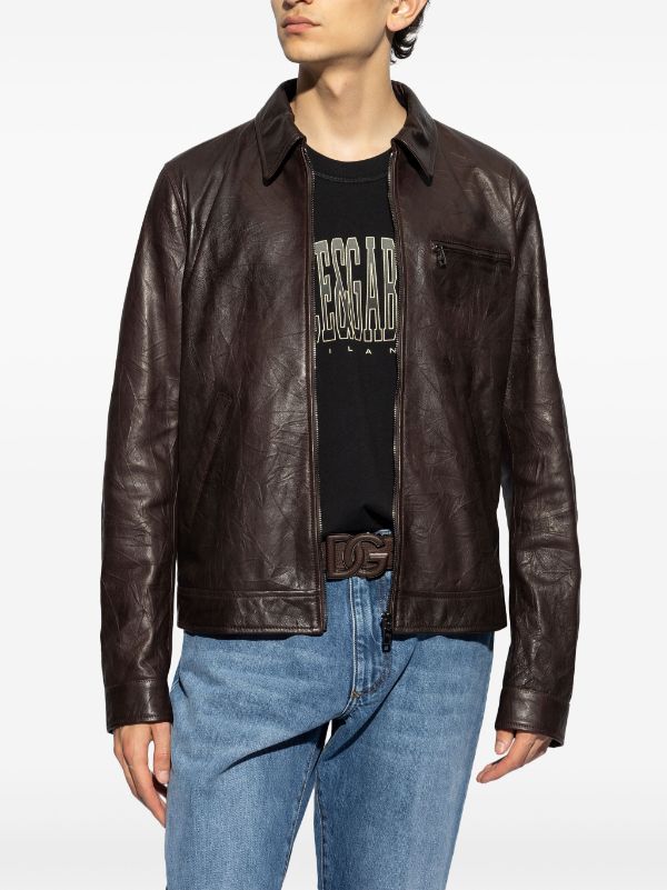 zipped brown leather jacket