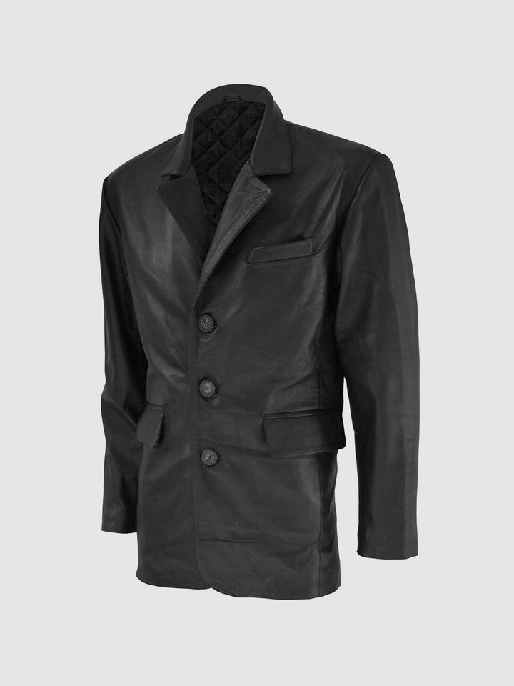 3 Button Black Leather Coat