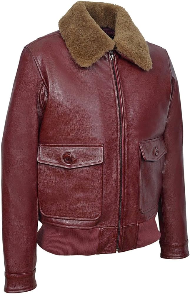 MEN's Cherry  Fur Collar Real Bomber Leather Jacket