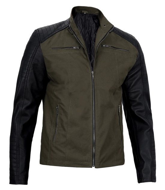 Men's Green and Black Cotton Jacket - Cafe Racer Style (Limited Edition)