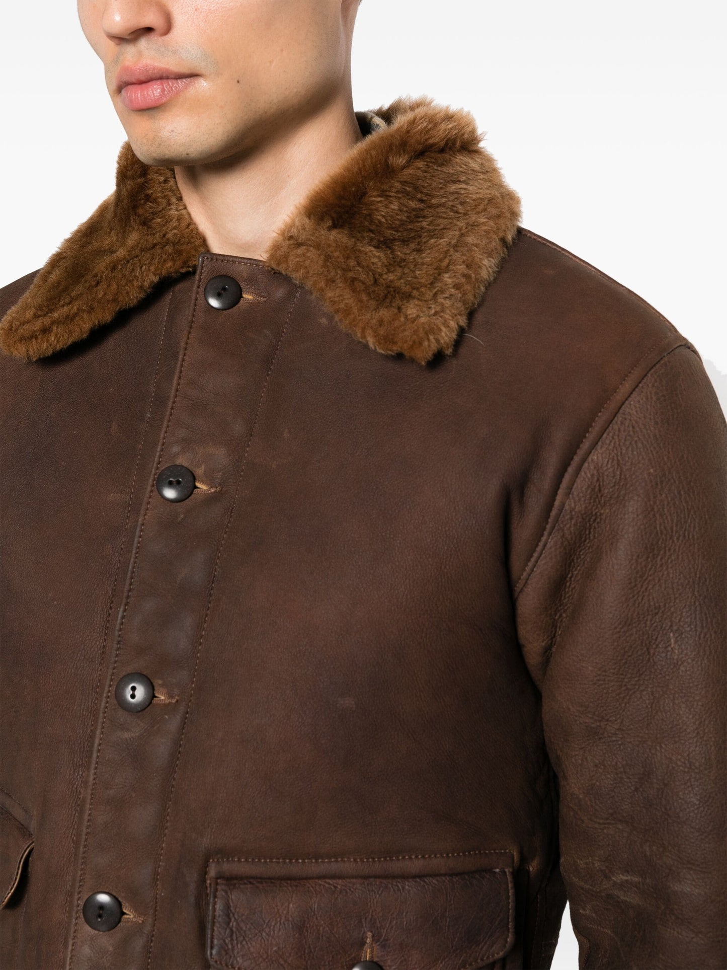 BROWN SHEARLING COLLAR LEATHER JACKET