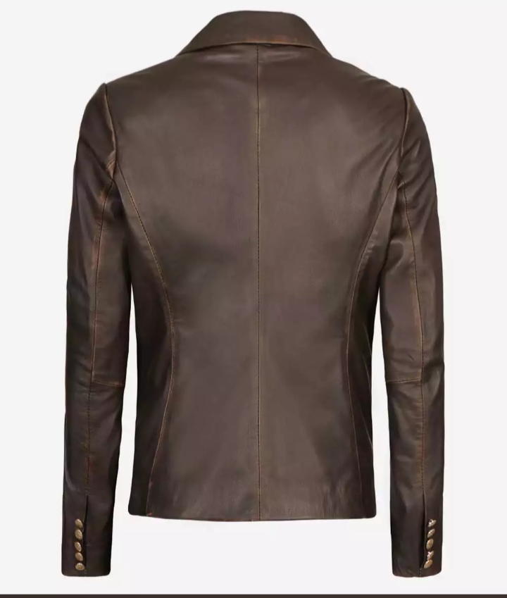 Women Brown Leather Double Breasted Coat