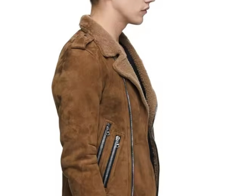 MEN's Brown Fur Biker leather jacket