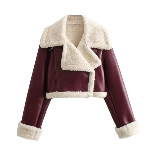 WOMEN's MAROON CROPPED SHEARLING LEATHER JACKET.