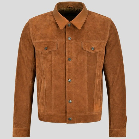 MEN's Tan Trucker Suede Leather Jacket