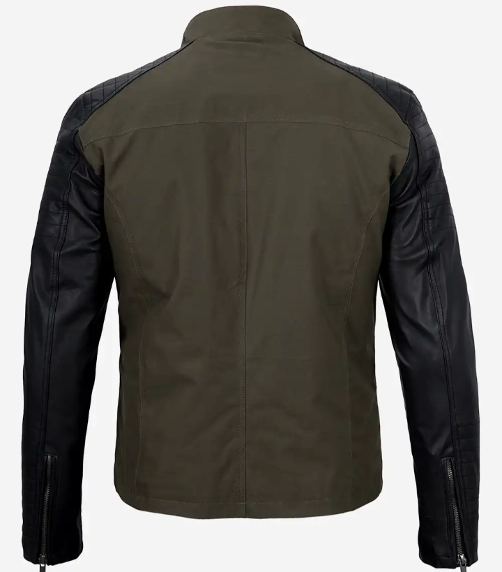 Men's Green and Black Cotton Jacket - Cafe Racer Style (Limited Edition)