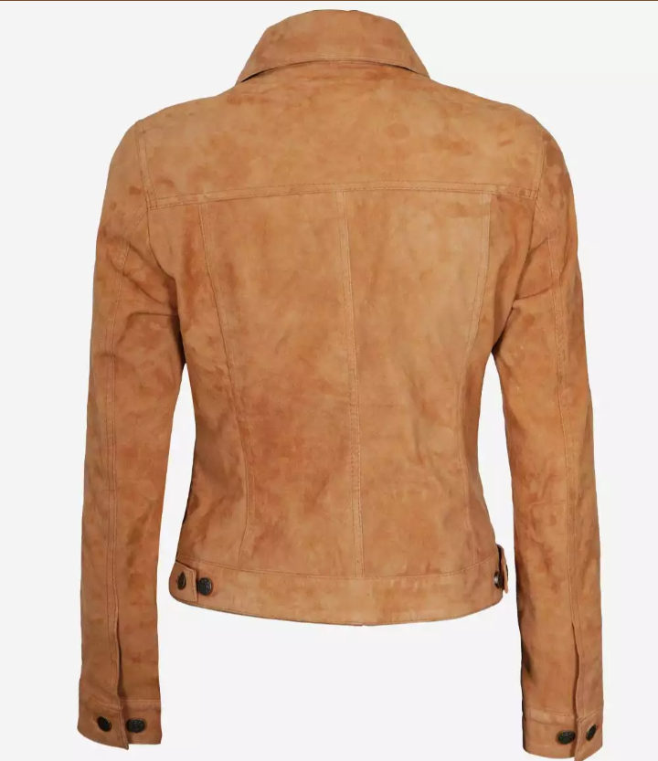 Womens Light Brown Suede Leather Trucker Jacket