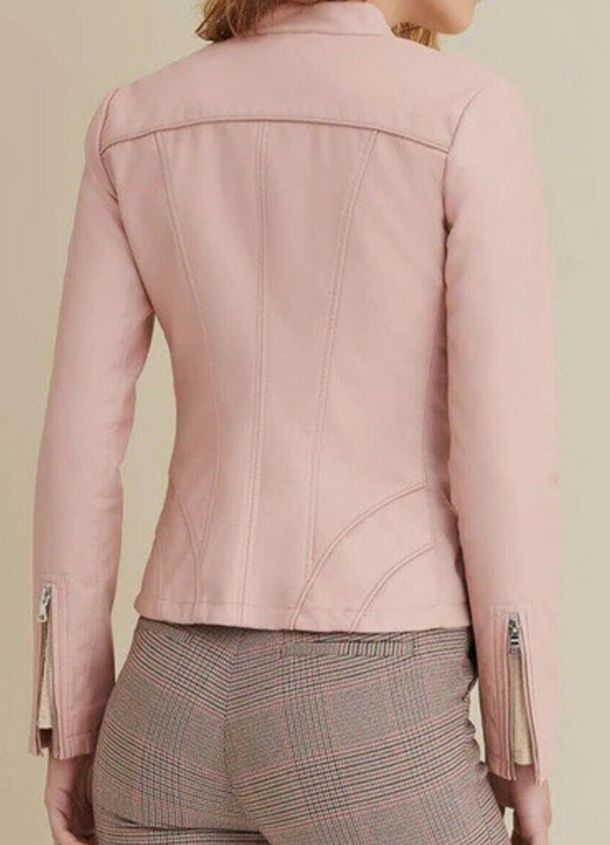 Women Pink Racer Leather Jacket
