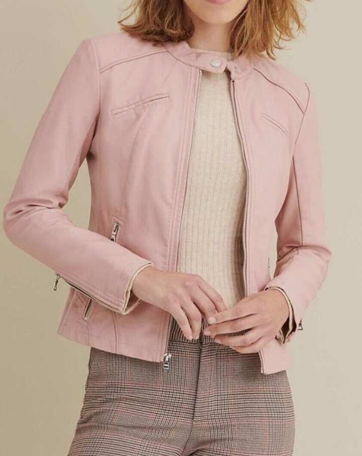 Women Pink Racer Leather Jacket