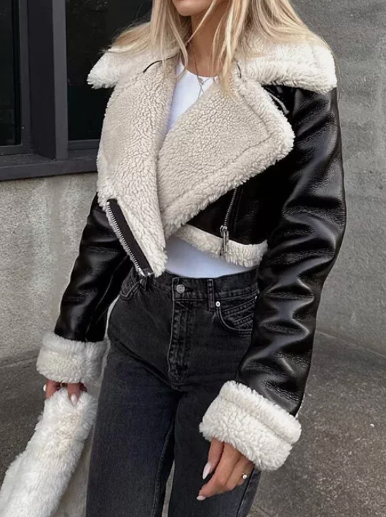 WOMEN's MAROON CROPPED SHEARLING LEATHER JACKET.