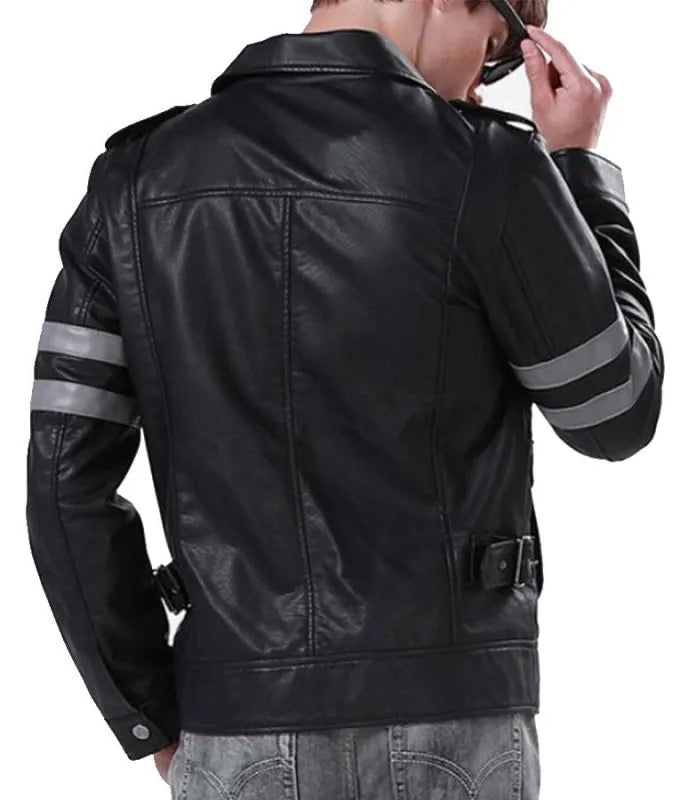 Black Leather Jacket With Gray Stripes